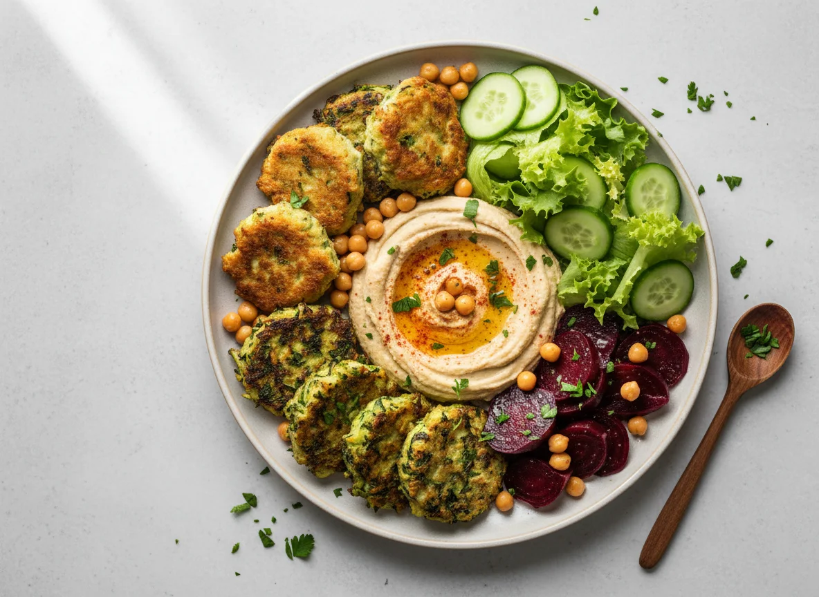 Mixed Platter with Fritters, Salad, Beetroot and Hummus photo