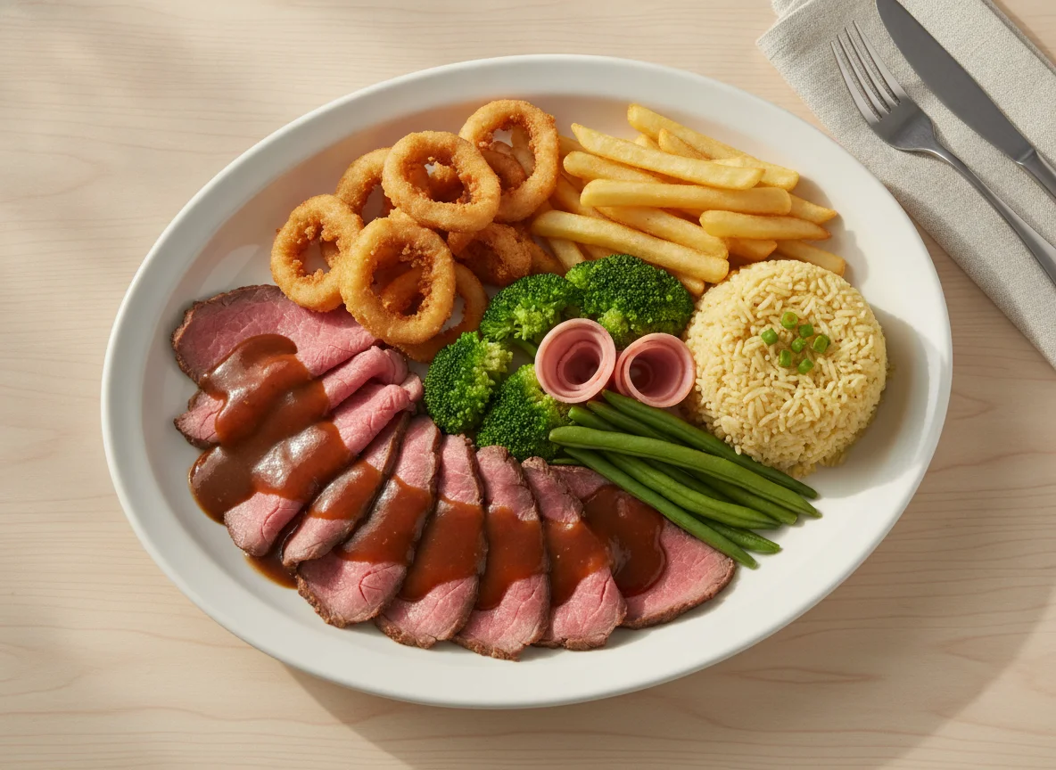 Mixed Platter with Roast Beef, Fried Calamari, and Vegetables photo