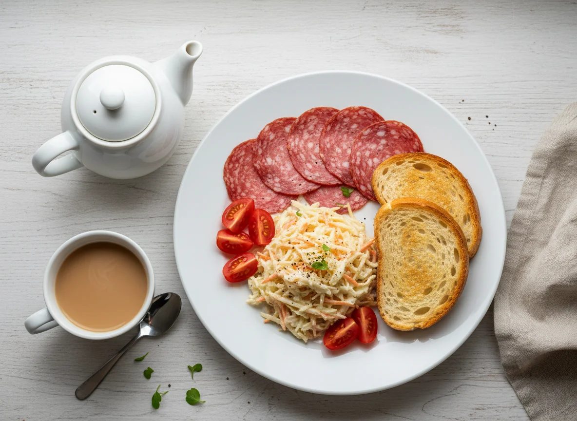 Mixed platter with salami, coleslaw, tomatoes and toast with tea photo