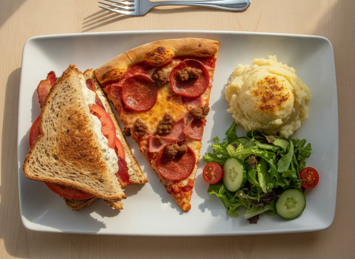 Mixed Platter with Sandwich, Pizza, and Mashed Potatoes photo