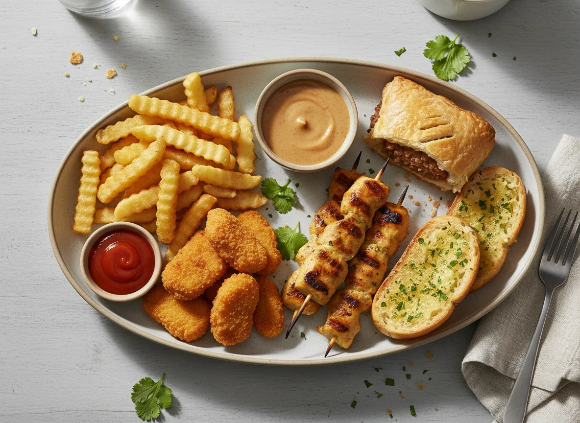 Mixed Platter with Satay, Pastries, Garlic Bread and Fries photo
