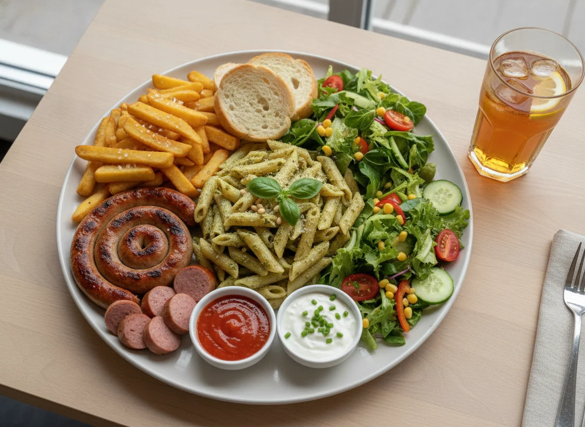 Mixed platter with sausage, pasta, fries, and salad photo