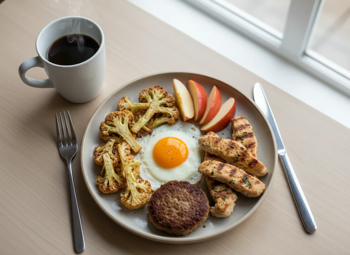 Mixed Protein and Vegetable Plate with Coffee photo
