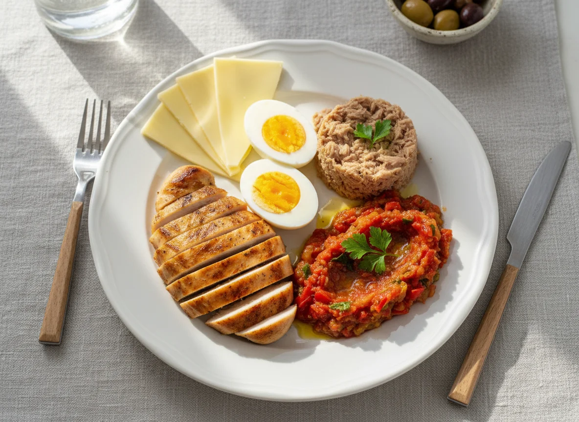 Mixed protein plate with vegetable relish photo