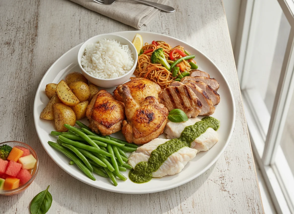 Mixed Protein Platter with Vegetables and Potatoes photo