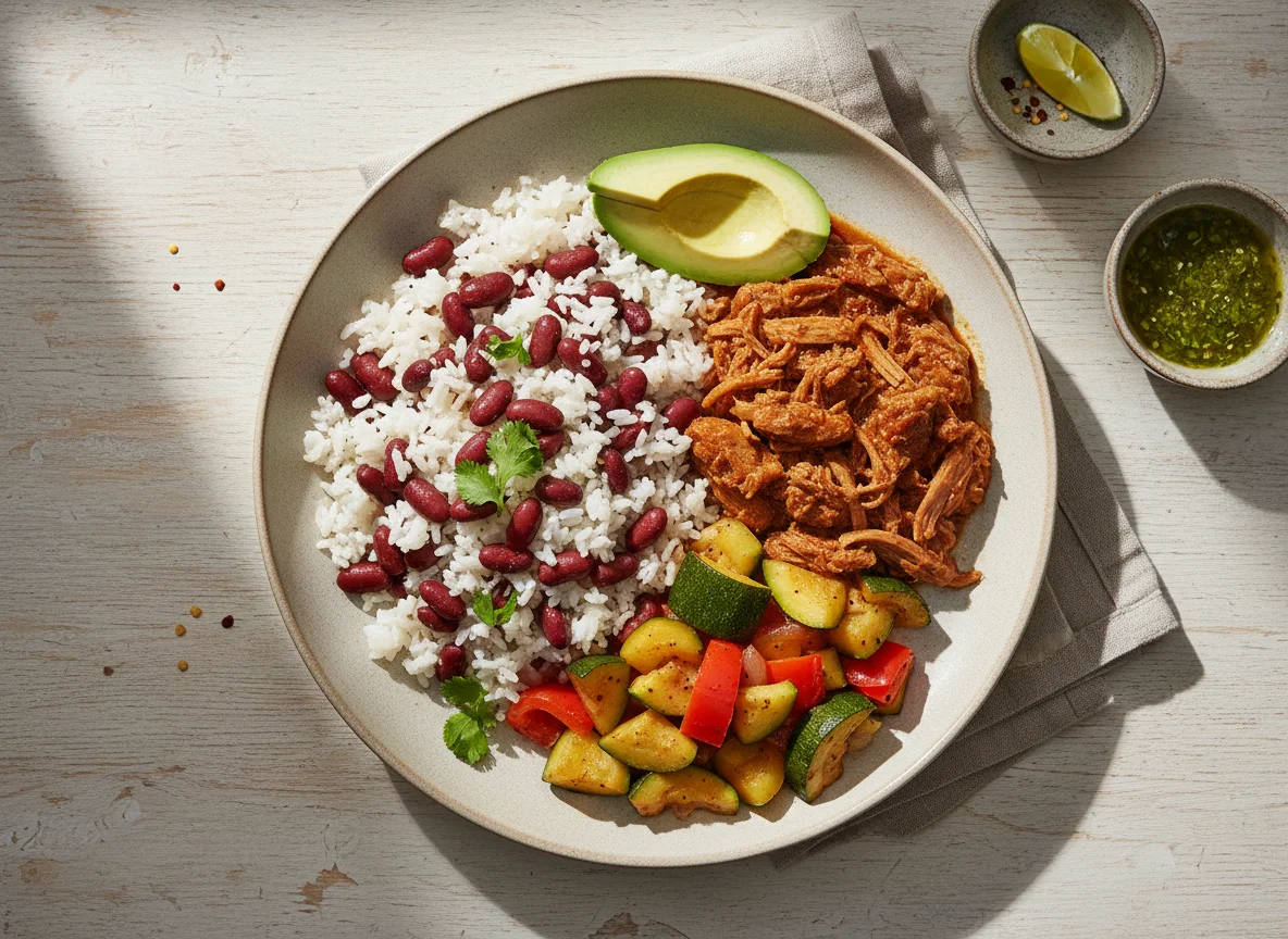 Mixed Rice and Bean Plate with Vegetables and Avocado photo