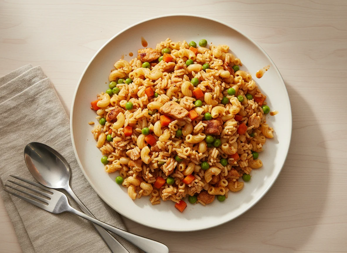 Mixed Rice and Macaroni with Vegetables and Meat photo