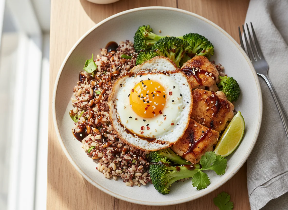 Mixed Rice Bowl with Egg and Chicken photo