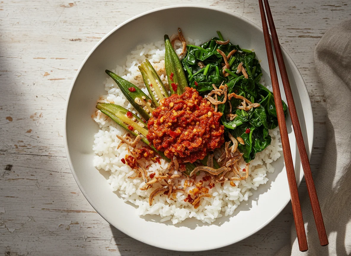 Mixed Rice Bowl with Okra, Sambal, and Greens photo