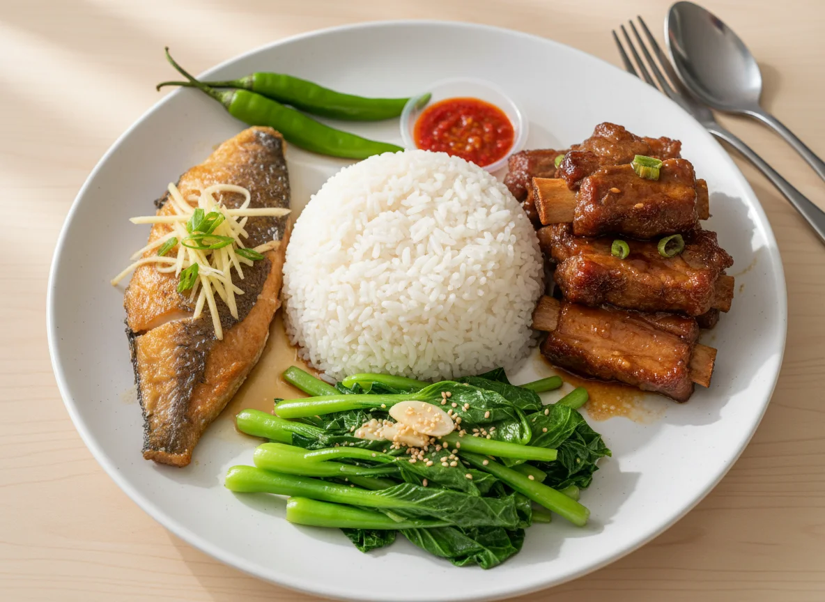 Mixed Rice Plate with Fish, Pork Ribs, and Greens photo