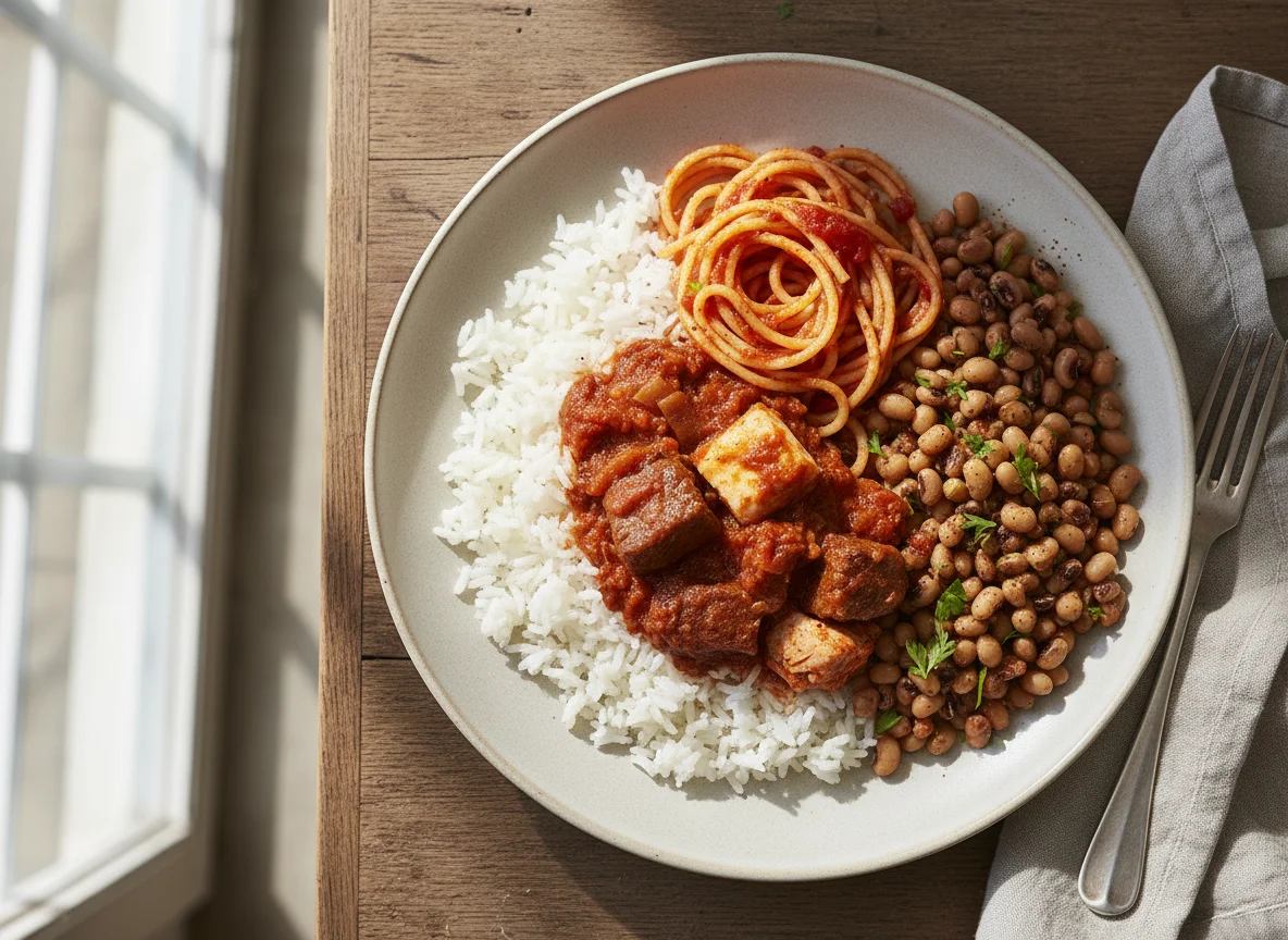 Mixed Rice, Spaghetti, Beans and Stew photo