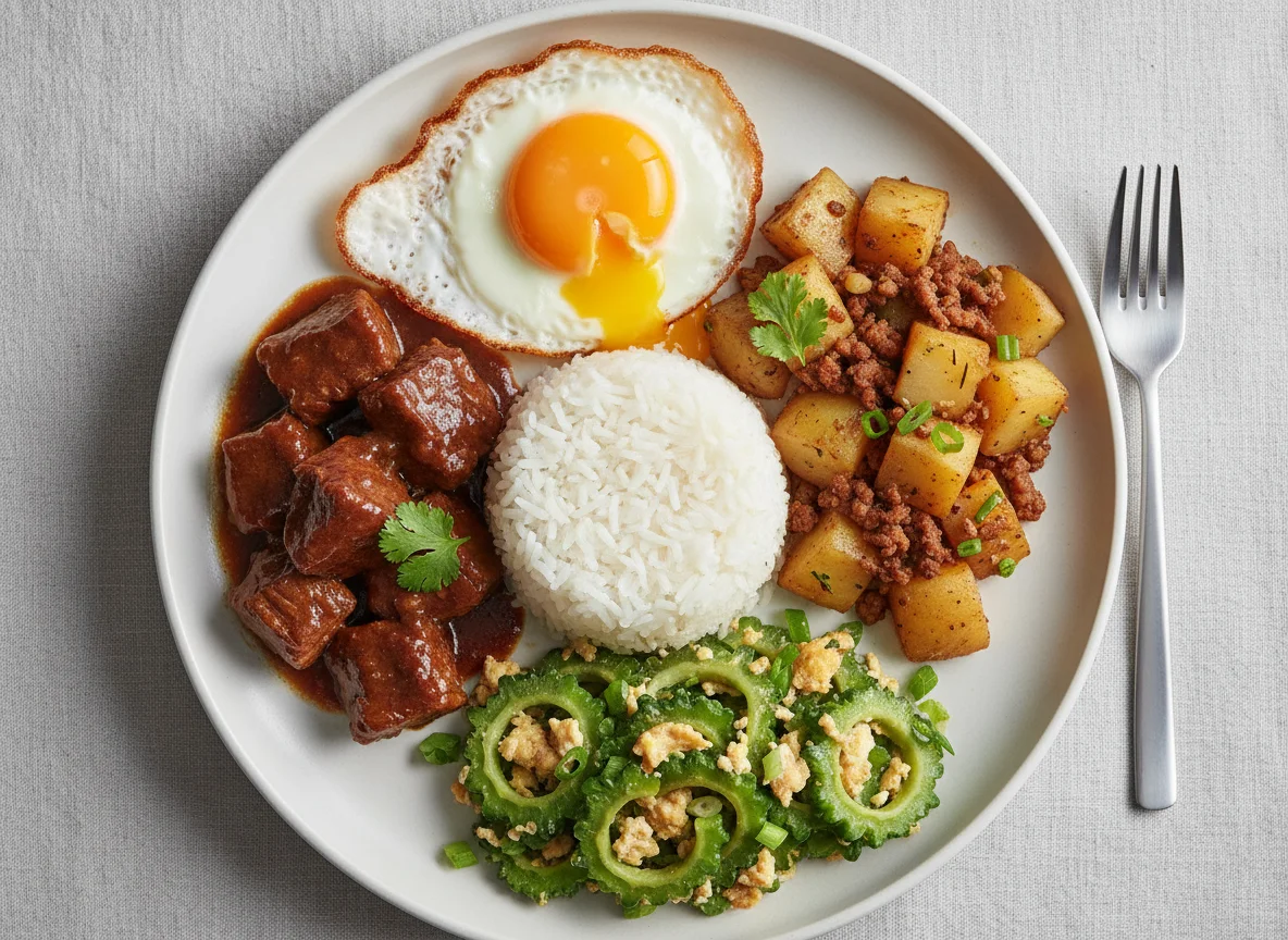 Mixed Rice with Beef, Potatoes, Bitter Gourd and Fried Egg photo