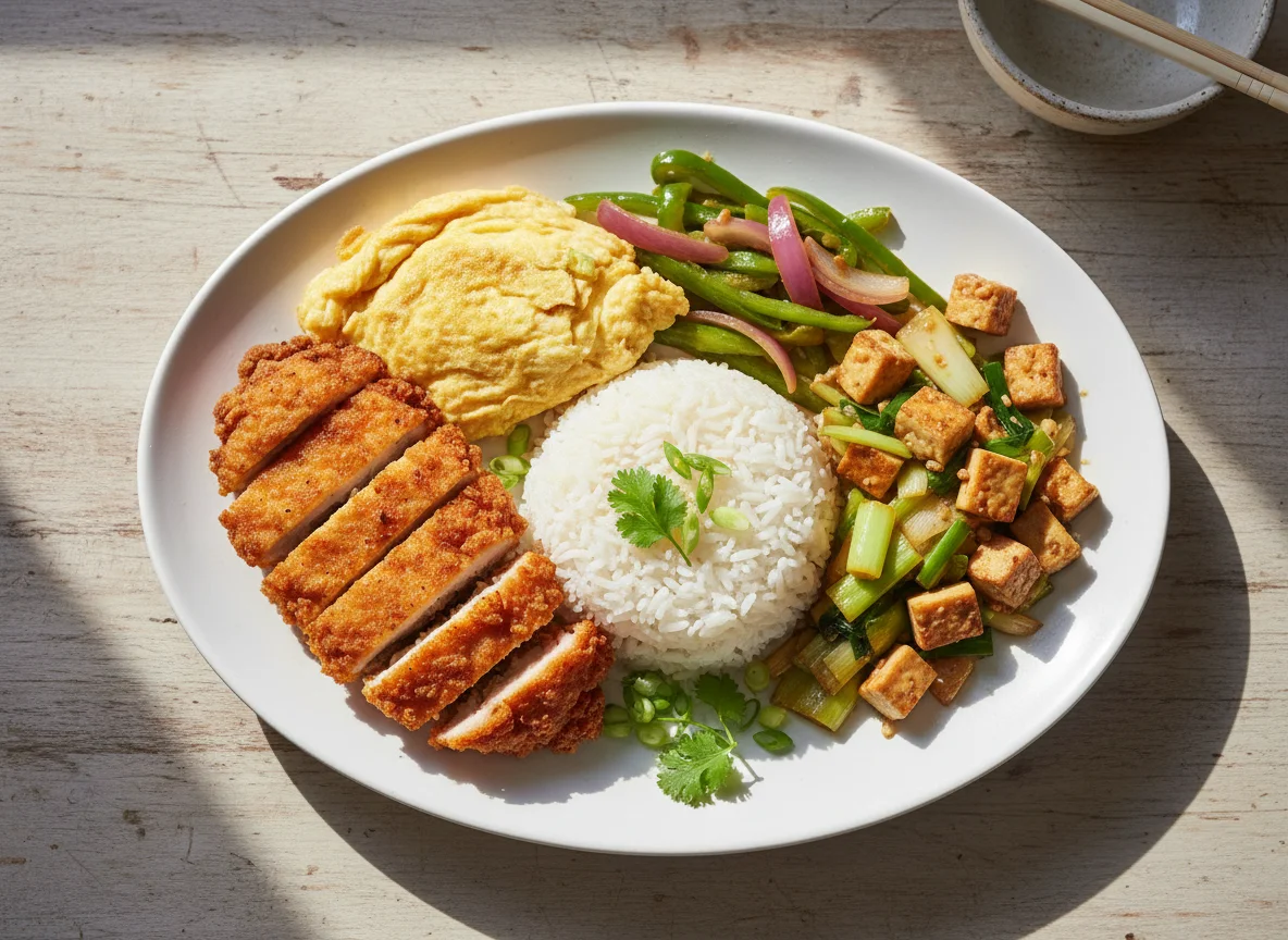 Mixed Rice with Chicken, Omelette, and Stir-fried Leeks with Tofu photo