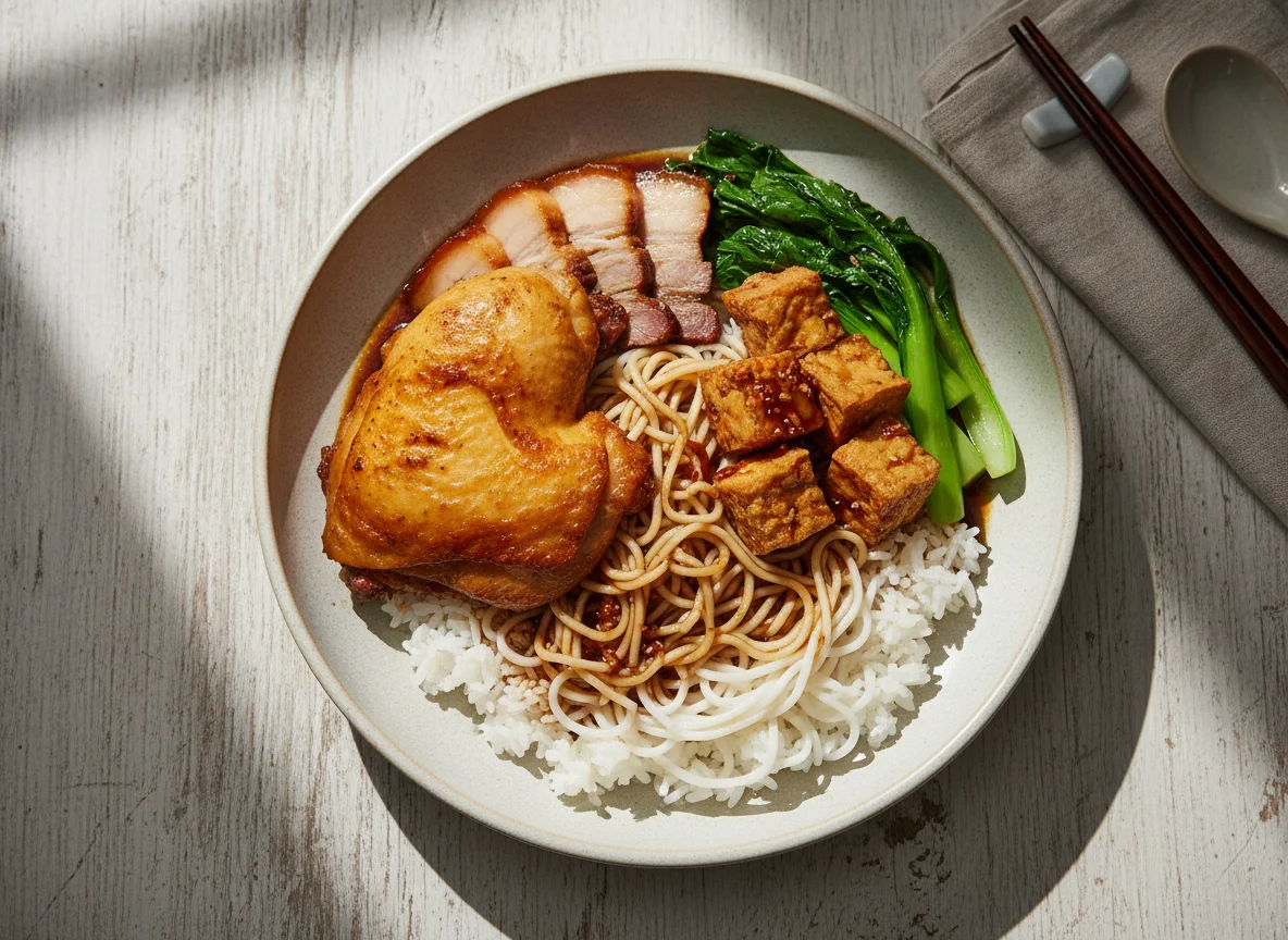 Mixed Rice with Chicken Thigh, Pork Slices, Tofu Puffs, Vegetables and Noodles photo