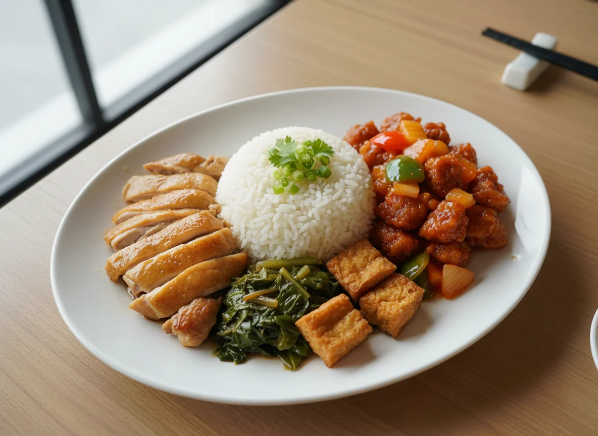 Mixed Rice with Chicken, Tofu, Cabbage and Sweet and Sour Pork photo