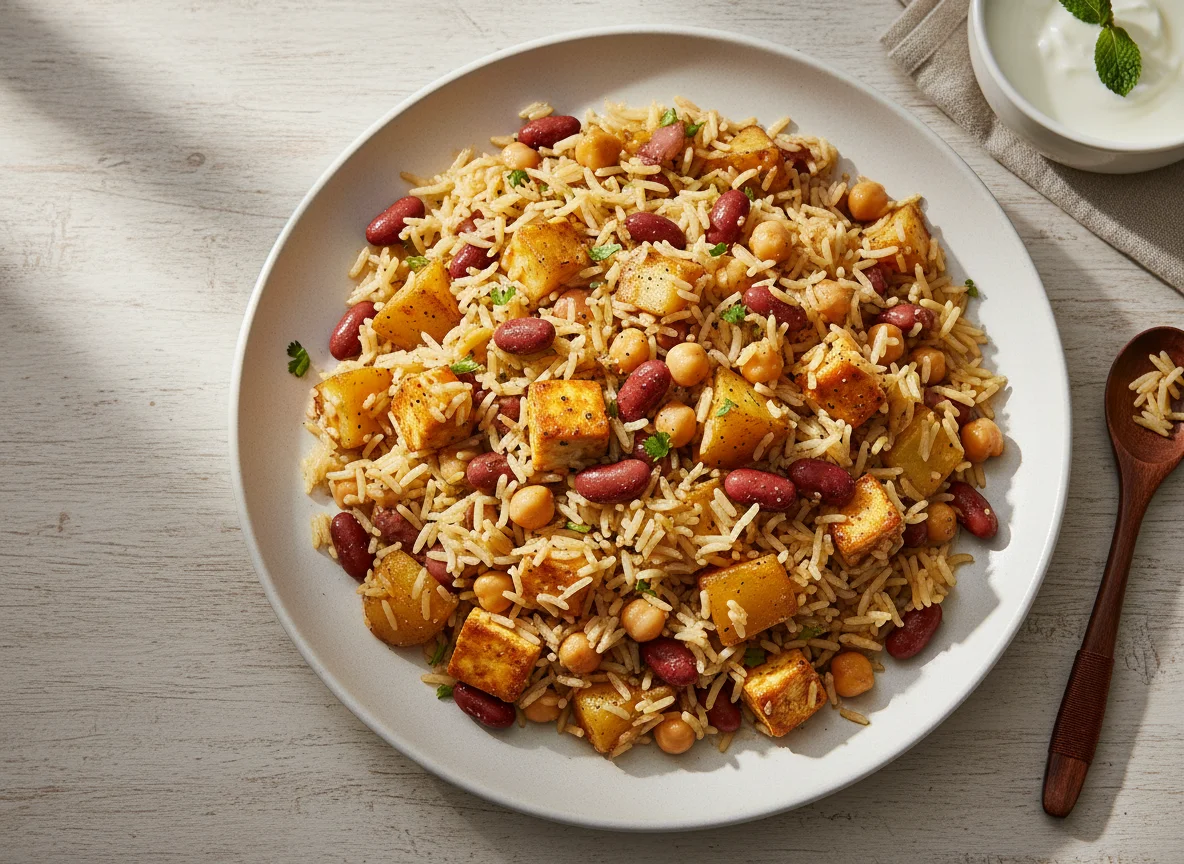 Mixed Rice with Chickpeas, Kidney Beans, Paneer, and Potatoes photo
