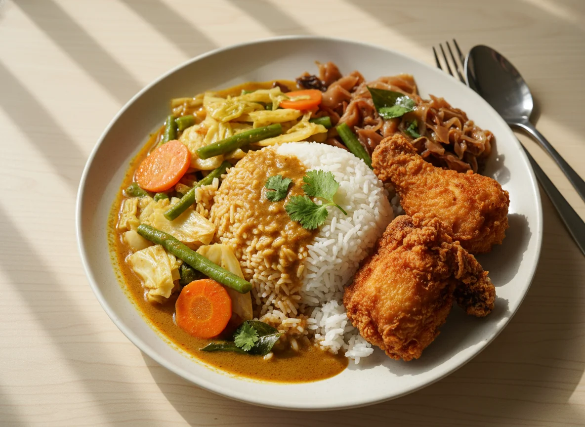 Mixed Rice with Fried Chicken, Curry Vegetables, and Braised Cabbage photo