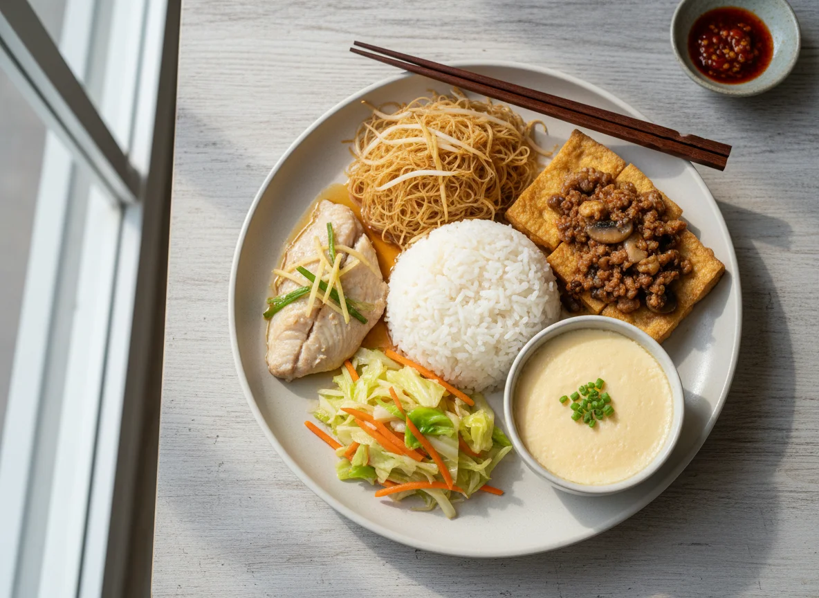 Mixed Rice with Noodles and Sides photo