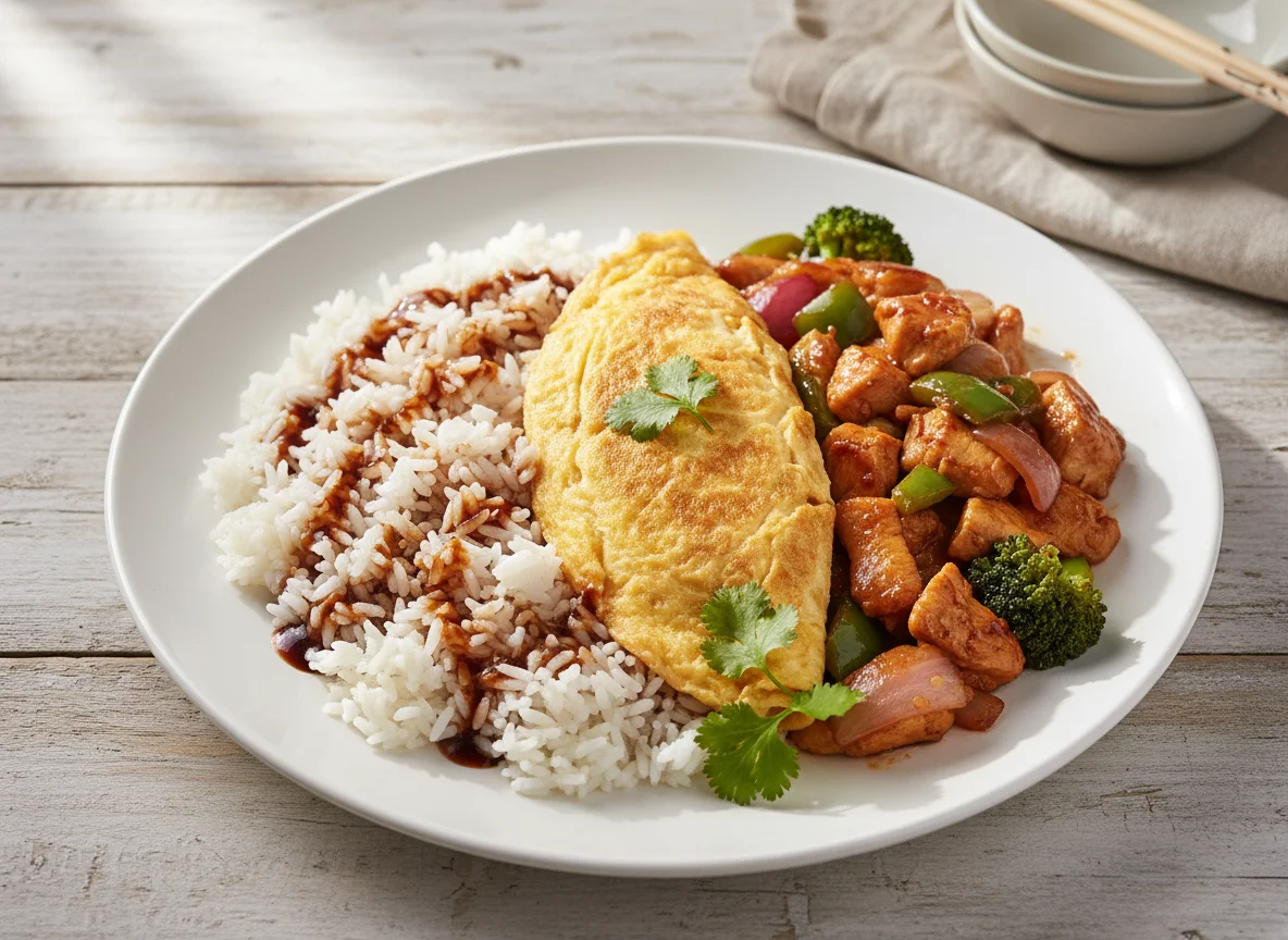 Mixed Rice with Omelette and Stir-fried Chicken photo
