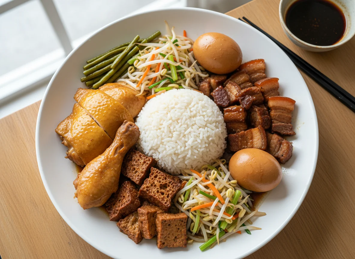 Mixed Rice with Steamed Chicken and Braised Dishes photo