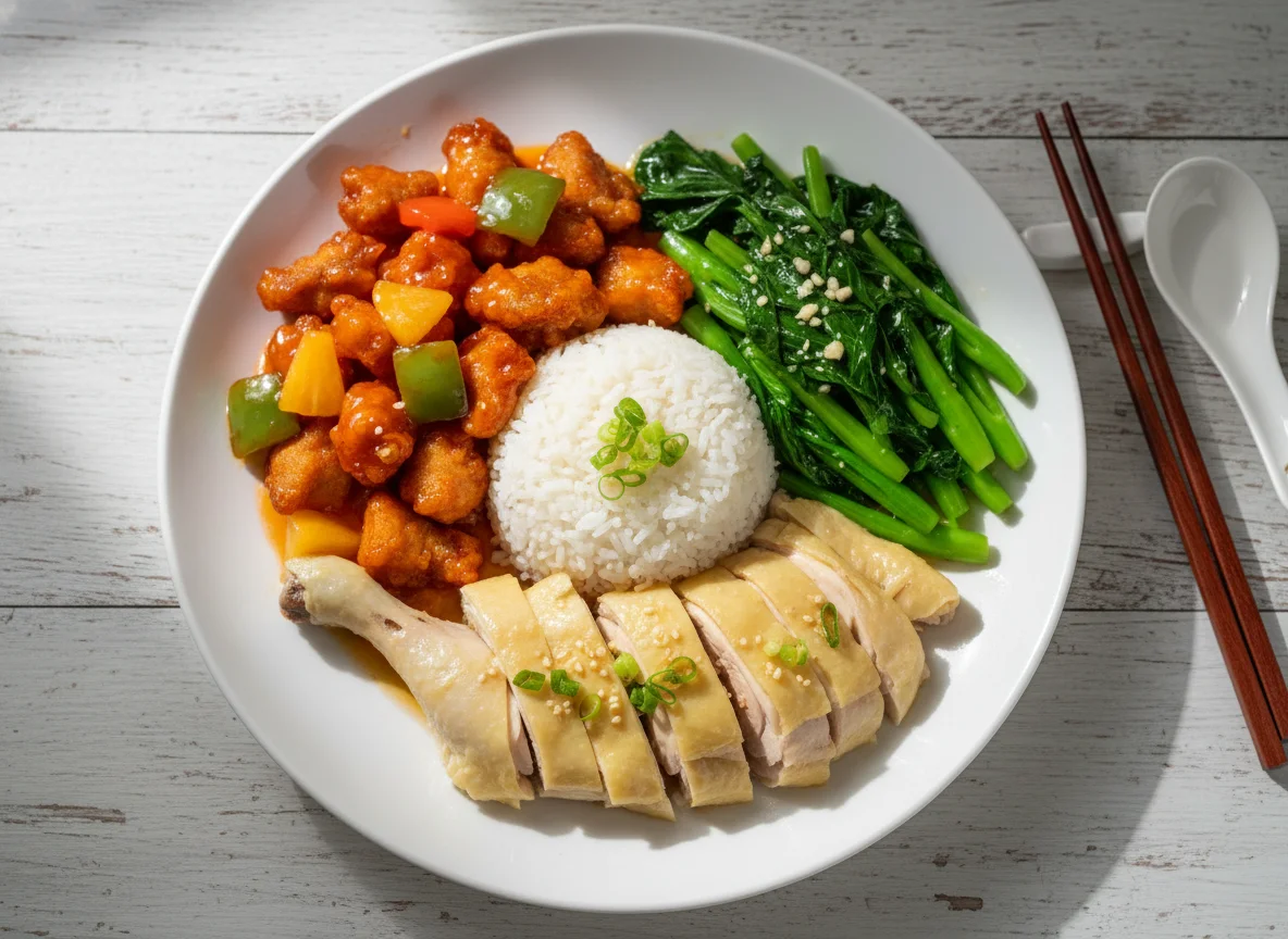 Mixed Rice with Steamed Chicken, Fried Pork, and Stir-fried Vegetables photo