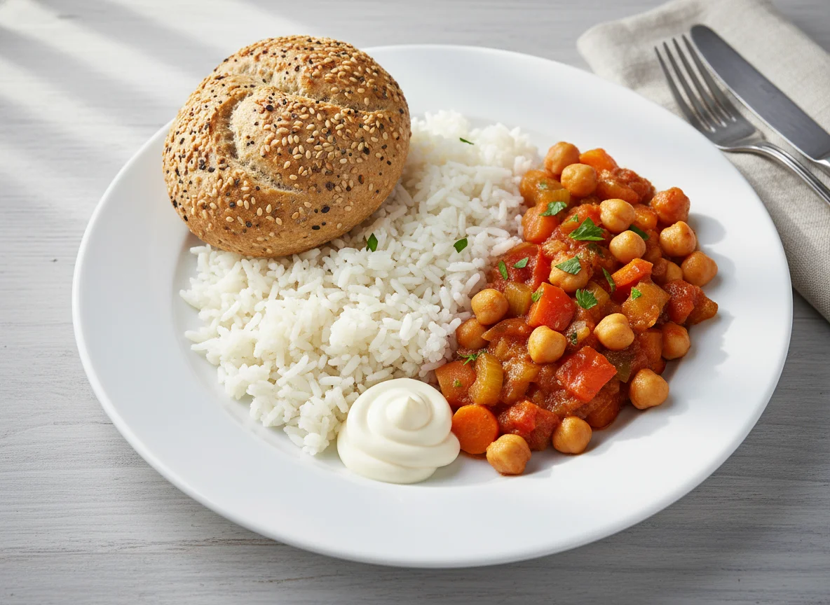 Mixed Rice with Stew and Seeded Roll photo