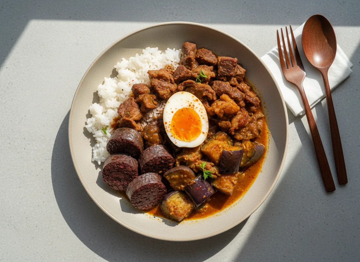 Mixed Rice with Stewed Meat and Blood Pudding photo