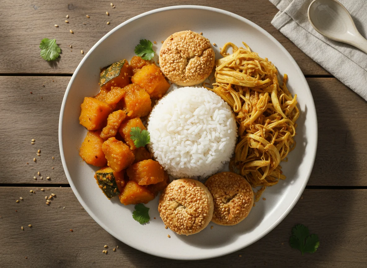 Mixed Rice with Stewed Pumpkin and Jackfruit, and Peanut Biscuits photo