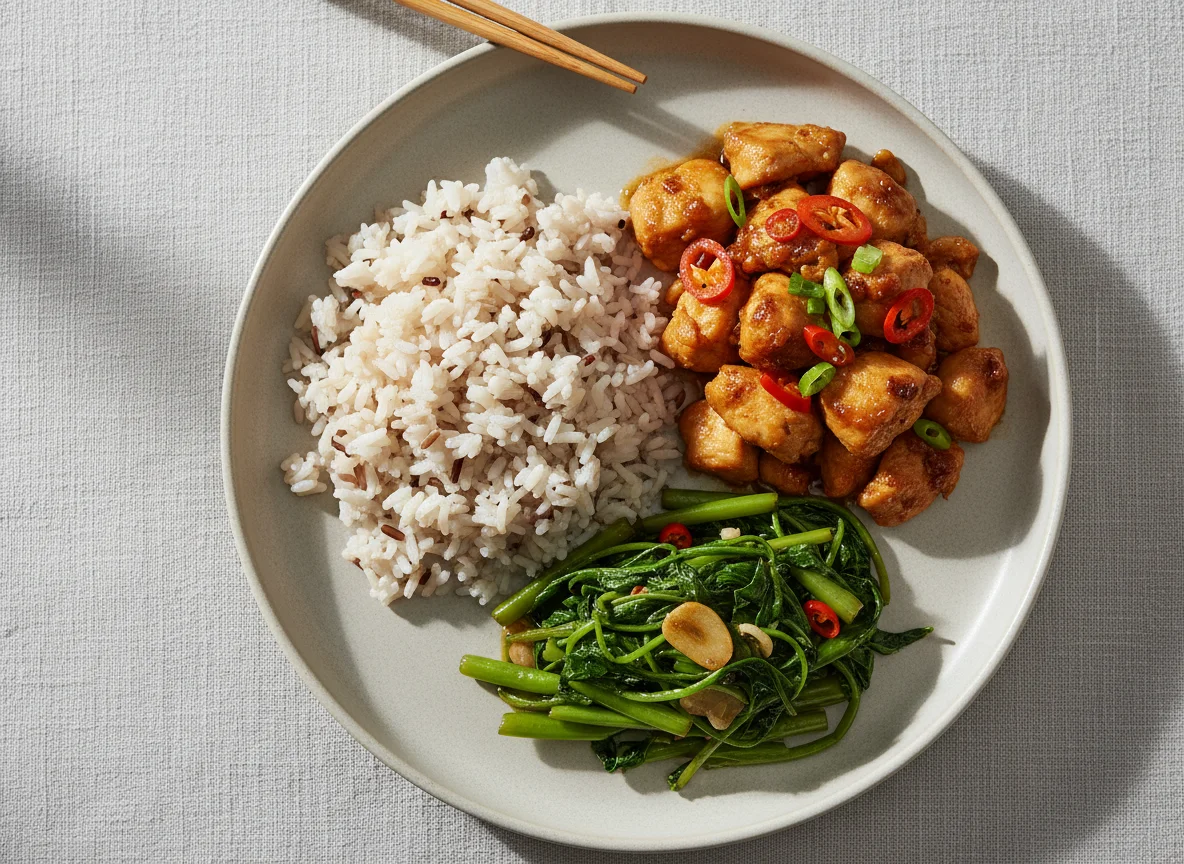 Mixed Rice with Stir-fried Chicken and Kangkung photo