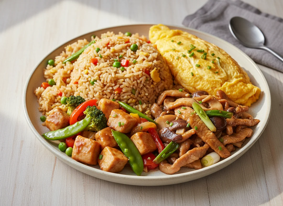 Mixed Rice with Stir-fried Dishes and Omelette photo