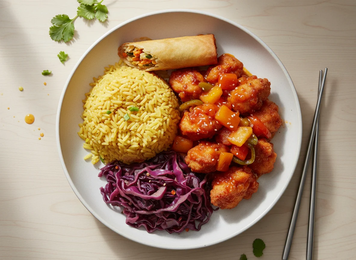 Mixed Rice with Sweet and Sour Chicken and Braised Cabbage photo