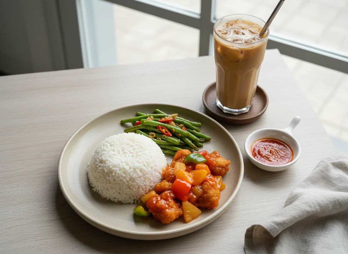 Mixed Rice with Sweet and Sour Chicken and Green Beans, with Iced Coffee photo