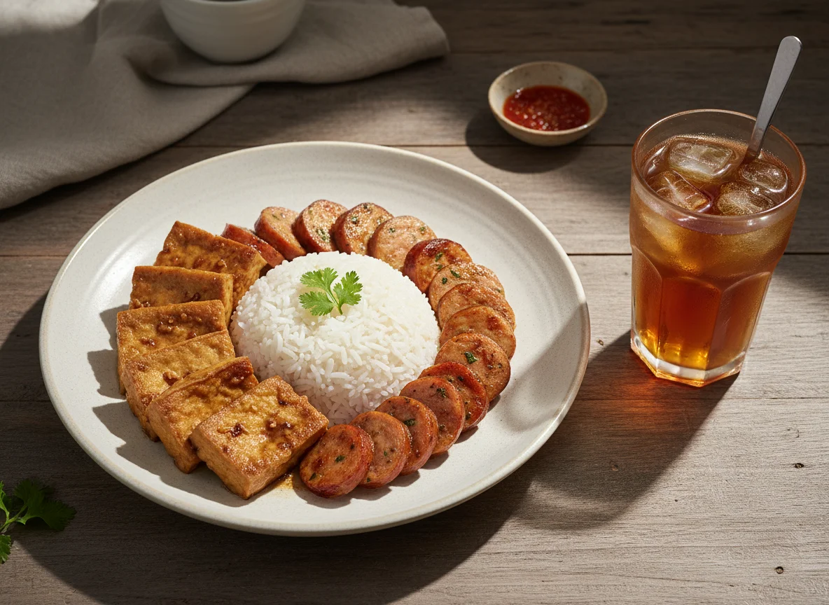 Mixed Rice with Tofu, Sausage, and Iced Tea photo