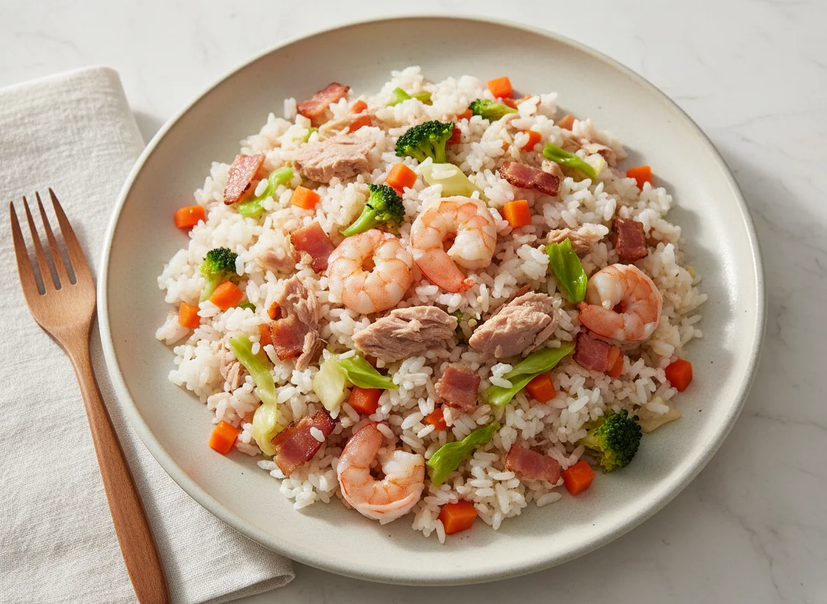 Mixed Rice with Tuna, Shrimp, Bacon, and Vegetables photo
