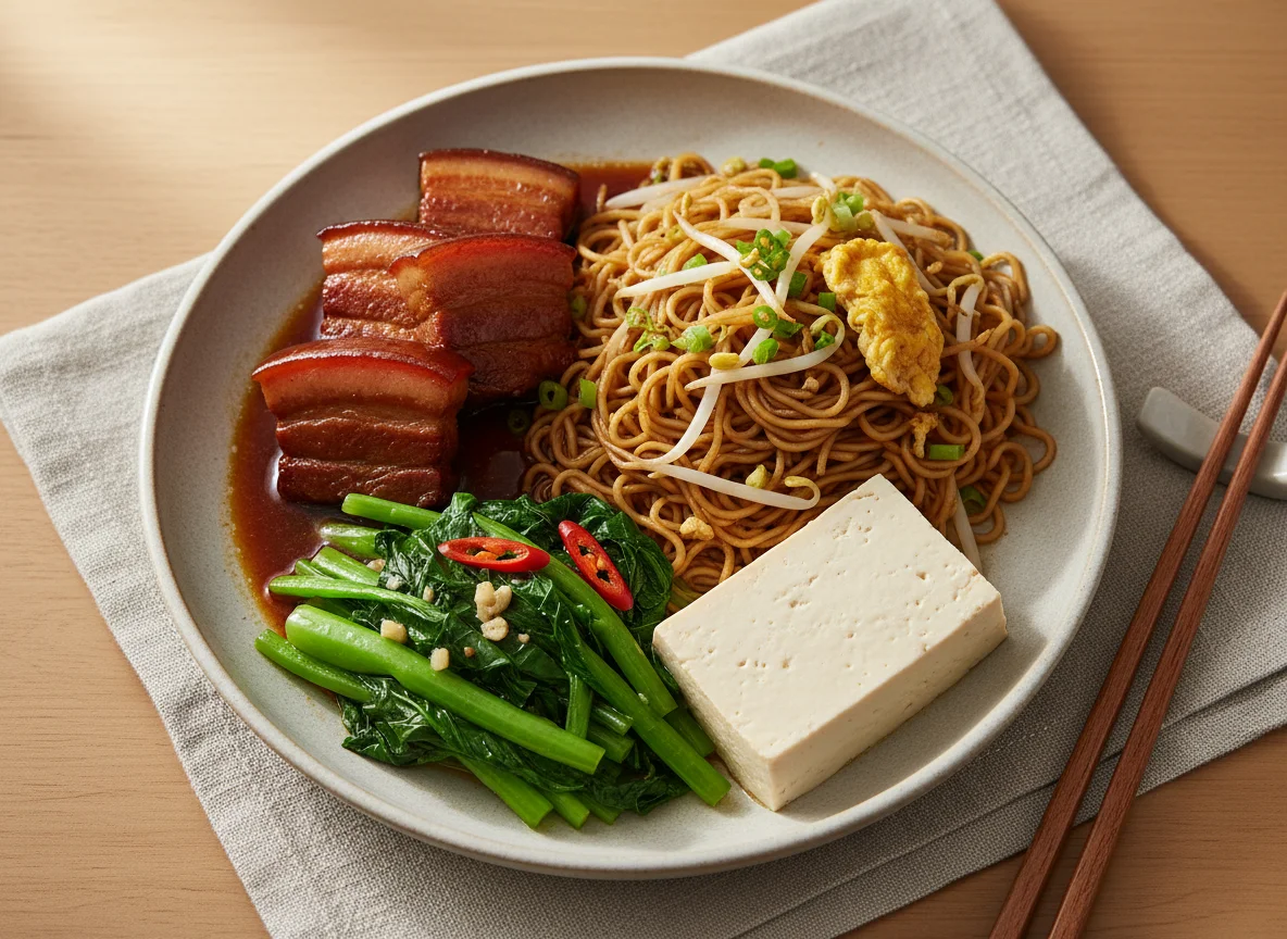 Mixed Rice/Noodles with Braised Pork, Tofu, and Vegetables photo