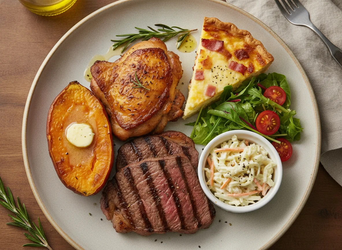 Mixed Roast Plate with Sweet Potato and Quiche photo