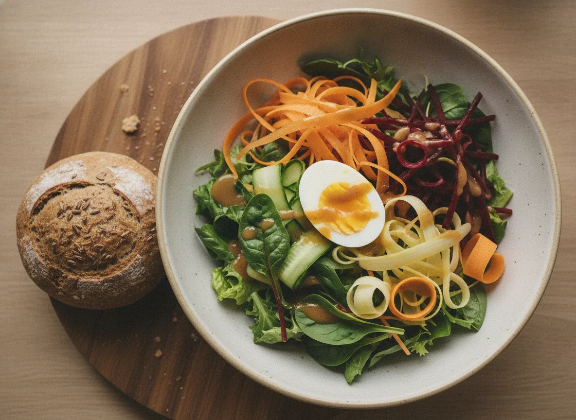 Mixed Salad Bowl with Egg and Bread photo