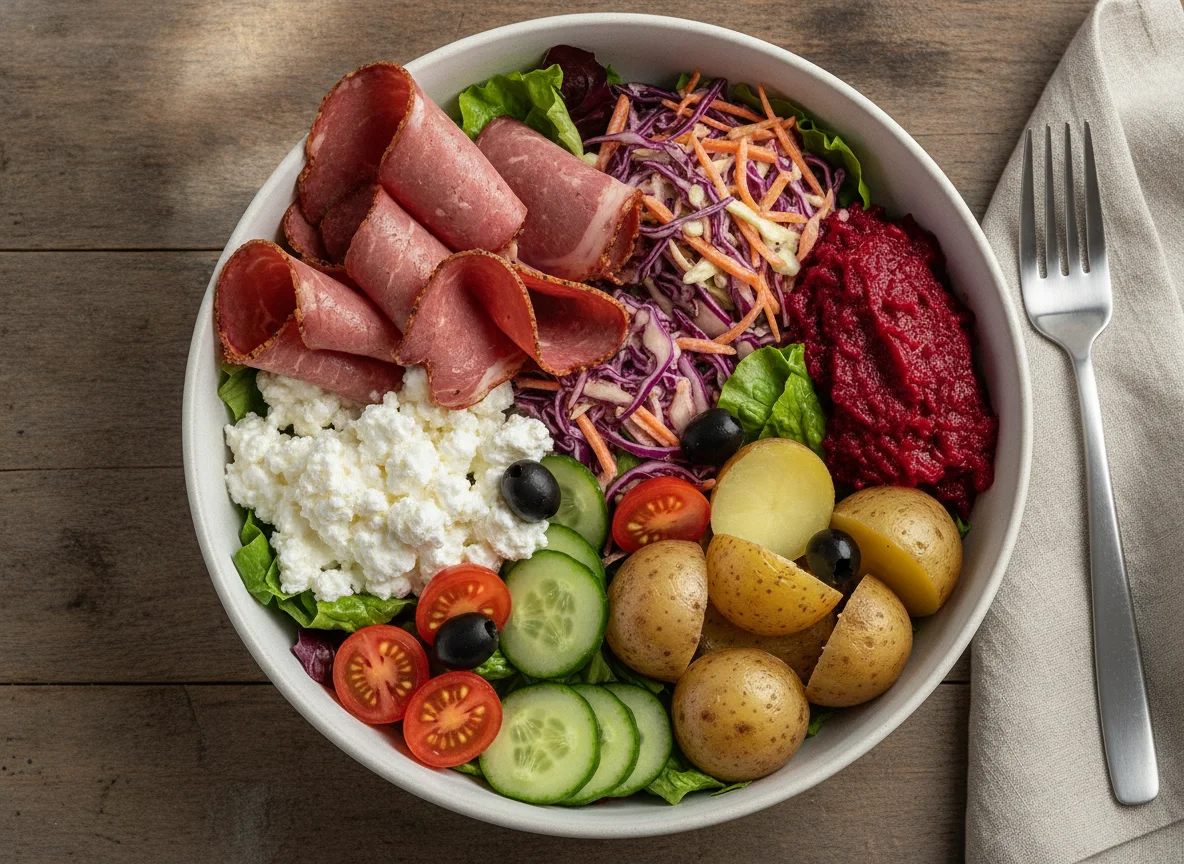 Mixed Salad Bowl with Pastrami and Cottage Cheese photo