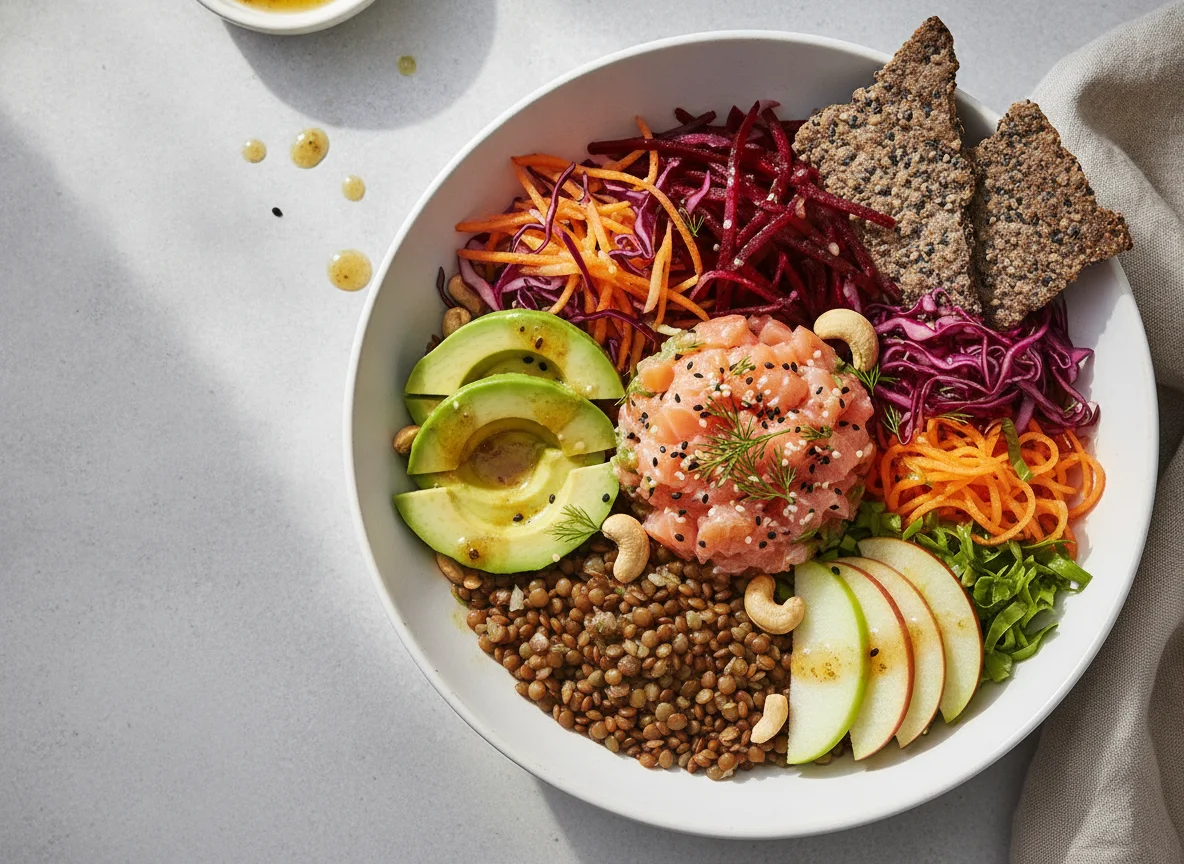 Mixed Salad Bowl with Salmon Tartare and Apple photo