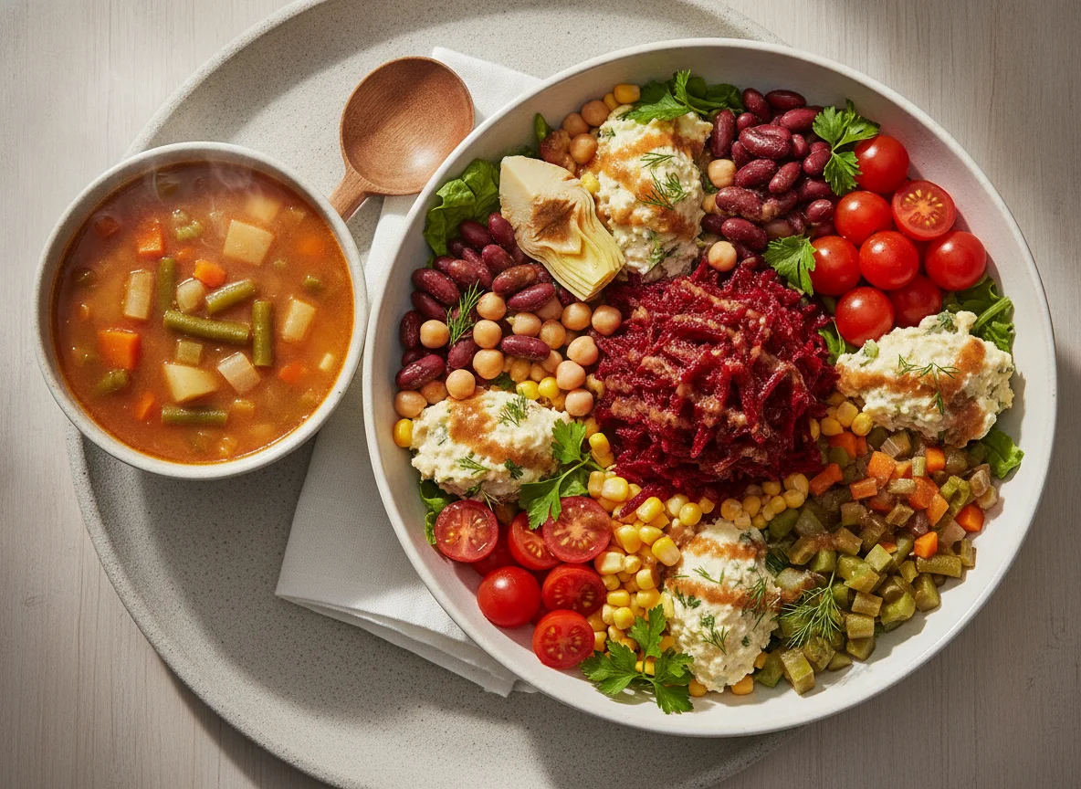Mixed Salad Bowl with Vegetable Soup photo