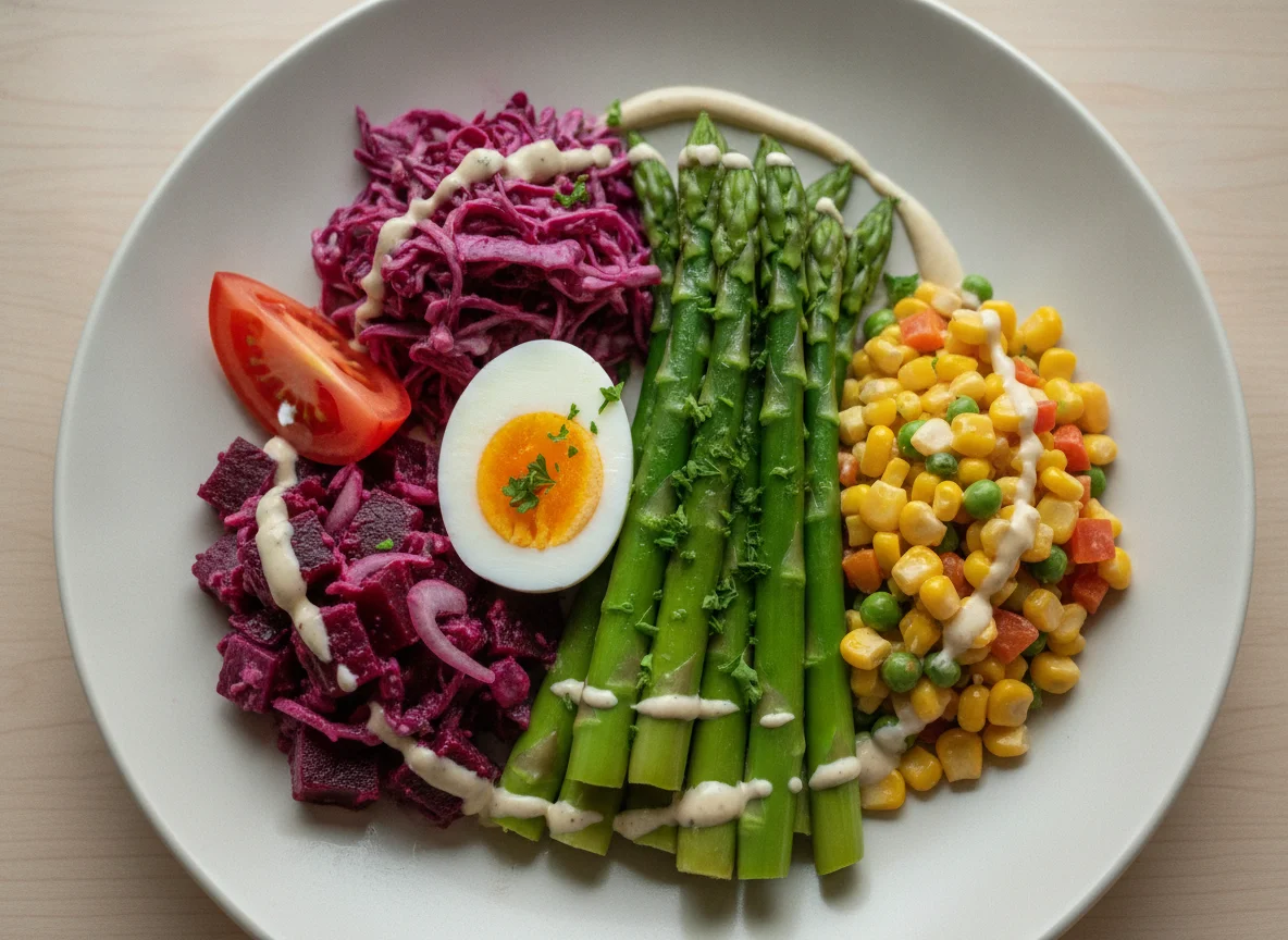 Mixed Salad Plate with Asparagus and Coleslaw photo