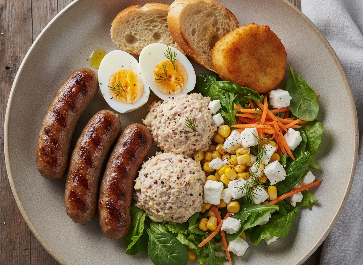 Mixed Salad Plate with Cevapi and Hard Boiled Eggs photo