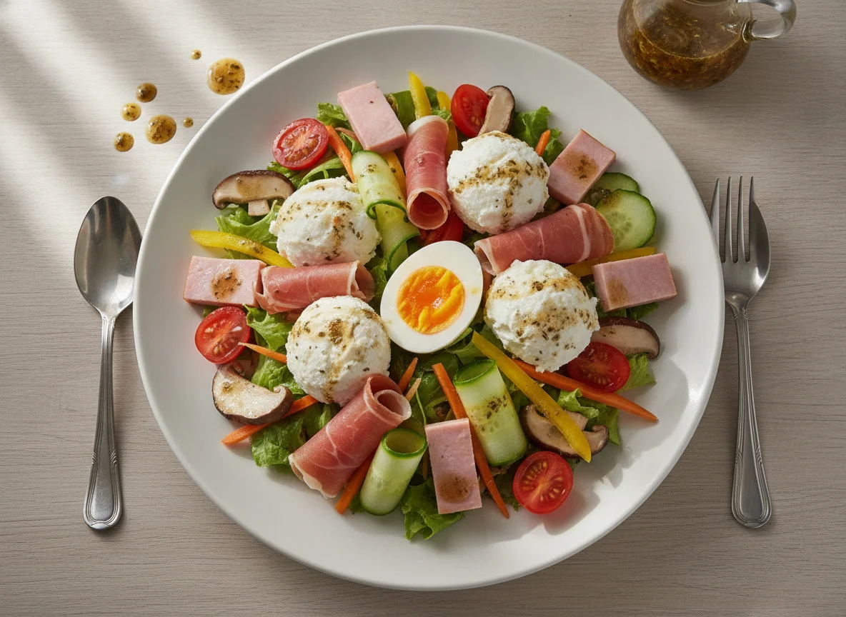 Mixed salad plate with cottage cheese, egg, and ham photo