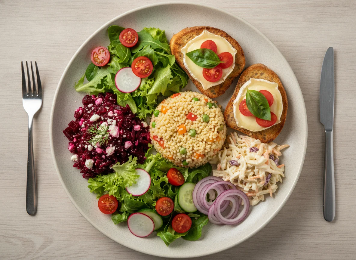 Mixed Salad Plate with Couscous and Bruschetta photo
