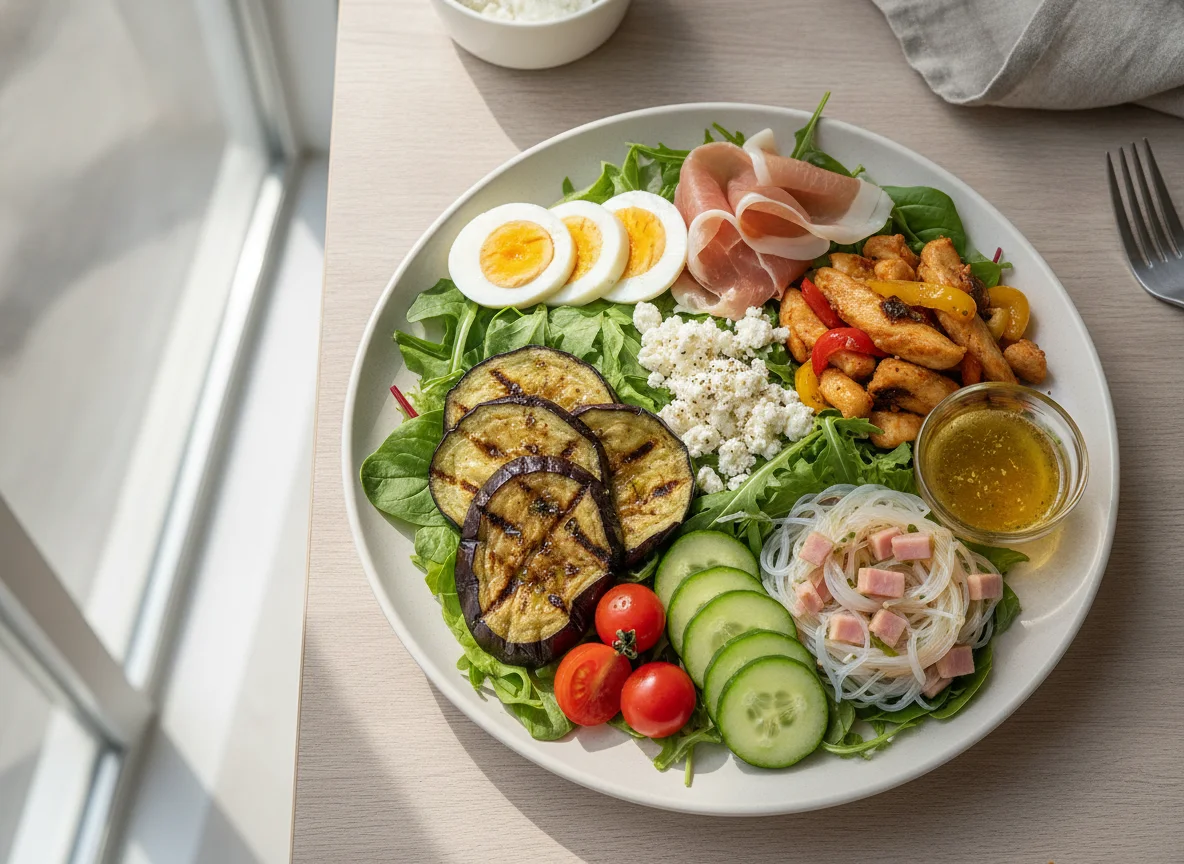 Mixed Salad Plate with Egg, Ham, and Grilled Eggplant photo