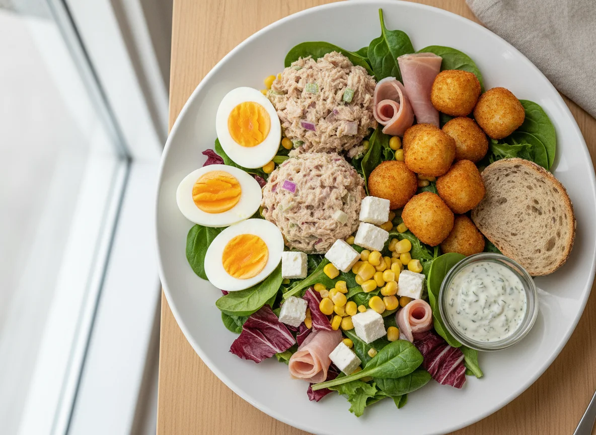 Mixed Salad Plate with Eggs, Tuna, and Fried Nuggets photo