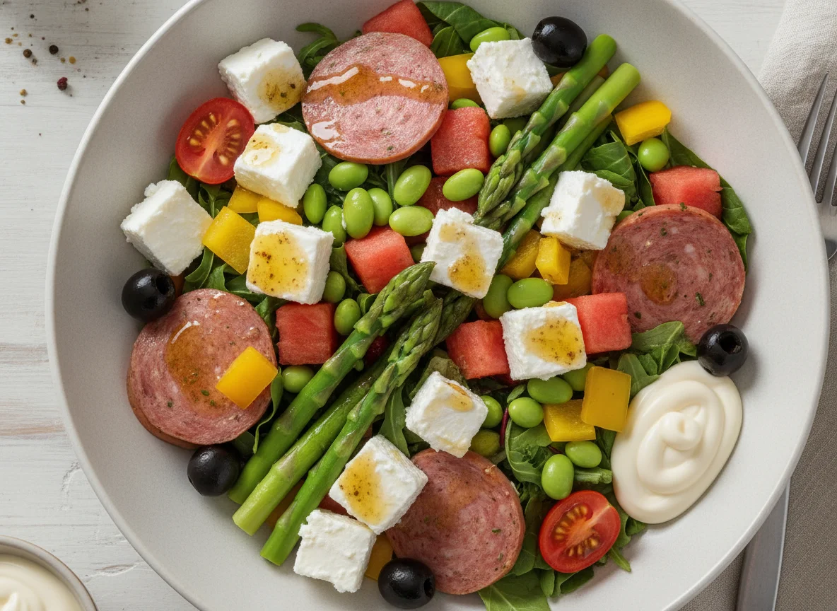 Mixed Salad Plate with Feta, Asparagus, and Sausage photo