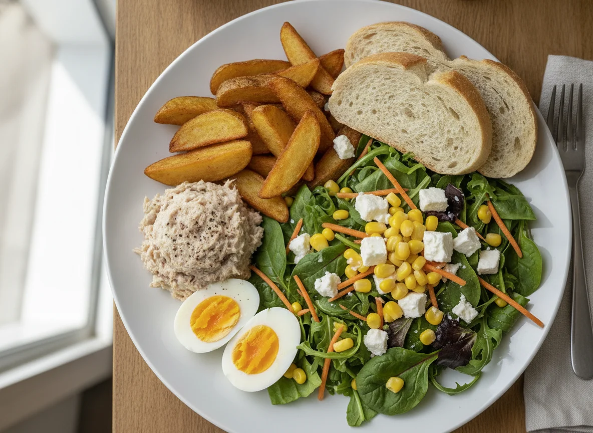Mixed Salad Plate with Fried Potatoes, Tuna Salad, and Hard-Boiled Eggs photo