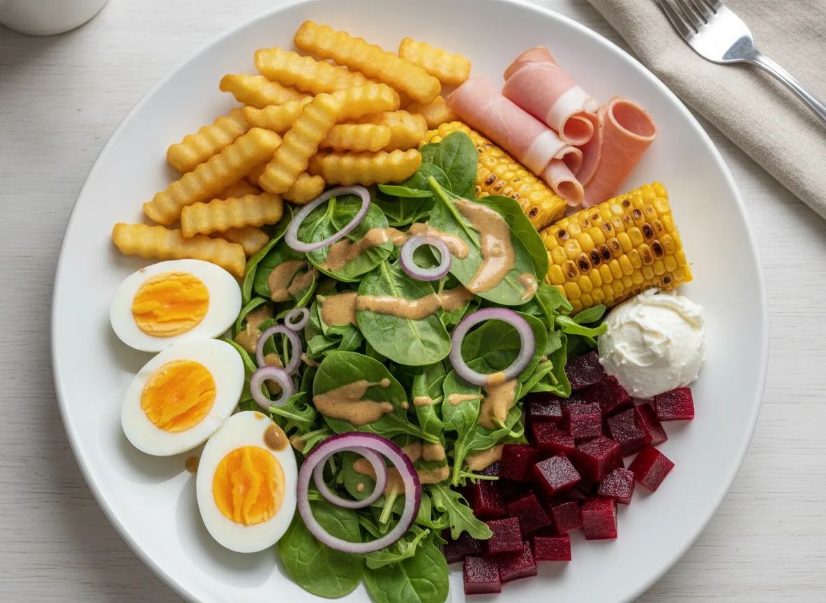 Mixed Salad Plate with Ham, Eggs, and Chips photo