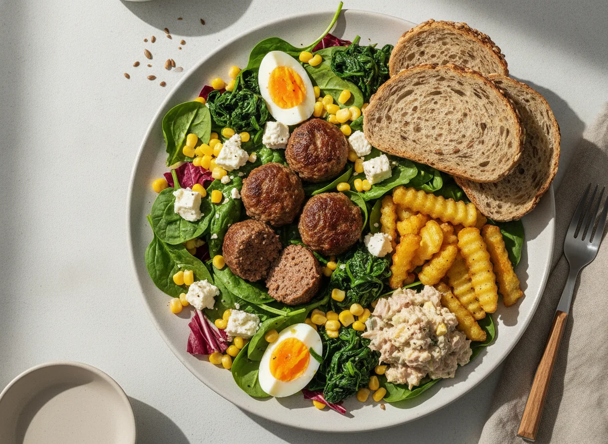 Mixed Salad Plate with Meatballs and Feta photo